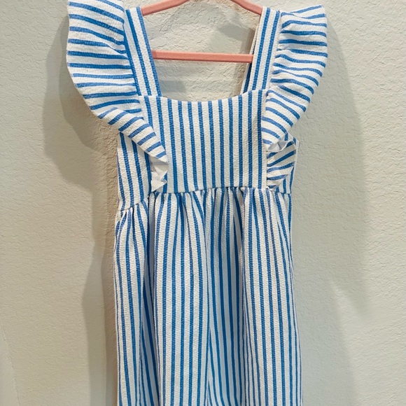 Zara Girls Blue White Stripe 4-5 Years Ruffle Shoulder Cotton Smock Dress - Picture 3 of 6
